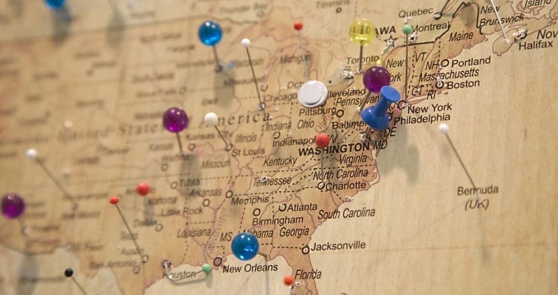 a map of the united states with pins in different locations
