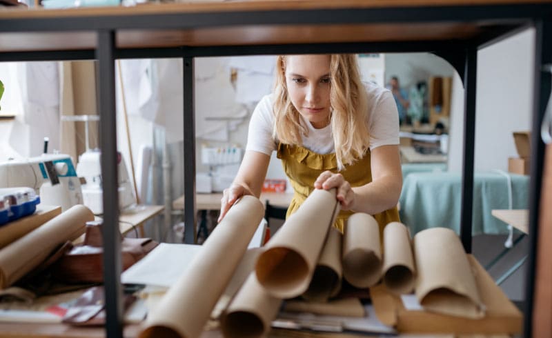 a designer looks at rolls of paper