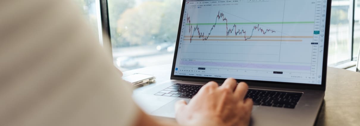 A man looks at an expense report on his laptop