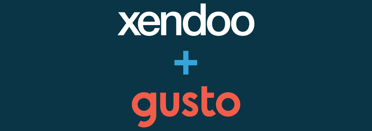 The white xendoo logo, the plus symbol, and the red Gusto logo against a dark blue background