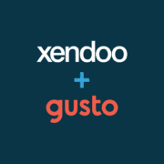 The white xendoo logo, the plus symbol, and the red Gusto logo against a dark blue background