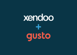 The white xendoo logo, the plus symbol, and the red Gusto logo against a dark blue background