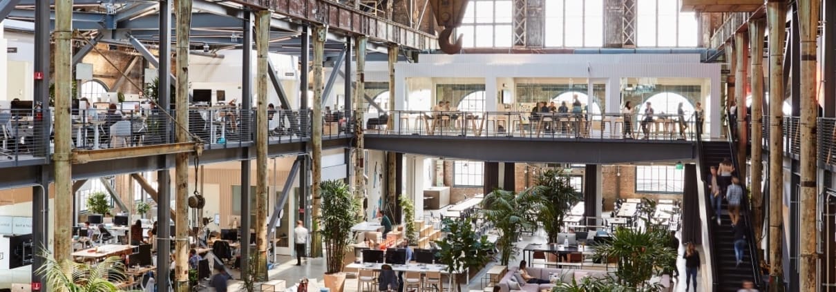 A large warehouse that is converted into an office space