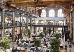 A large warehouse that is converted into an office space