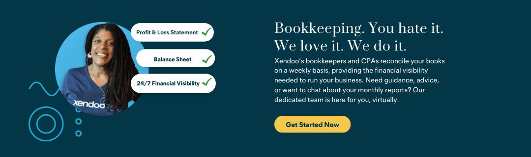 A banner advertising Xendoo's online bookkeeping services. A young, African American, female accountant smiles, with buttons for Profit & Loss Statement, Balance Sheet, and 24/7 Financial Visibility appearing next to her.