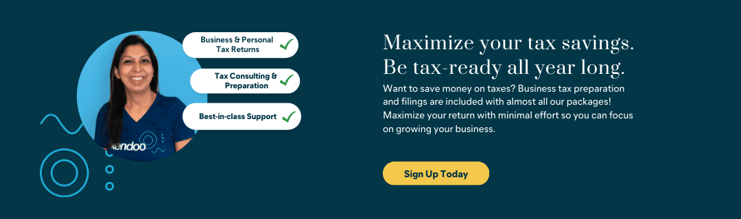 A banner advertising Xendoo's small business tax services. A young accountant smiles, with buttons for business & personal tax returns, tax consultations and preparations, and best-in-class support appearing next to her.