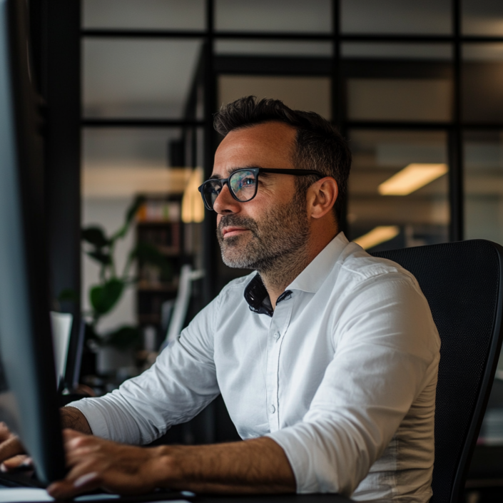 Small business owner focused on year-end tax planning, preparing financials and projections for the 2025 tax season in a modern office setting