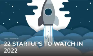 An illustrated rocket in a blue background