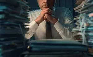a person sitting in front of stacks of paper