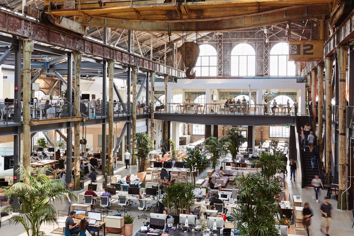 A large warehouse that is converted into an office space