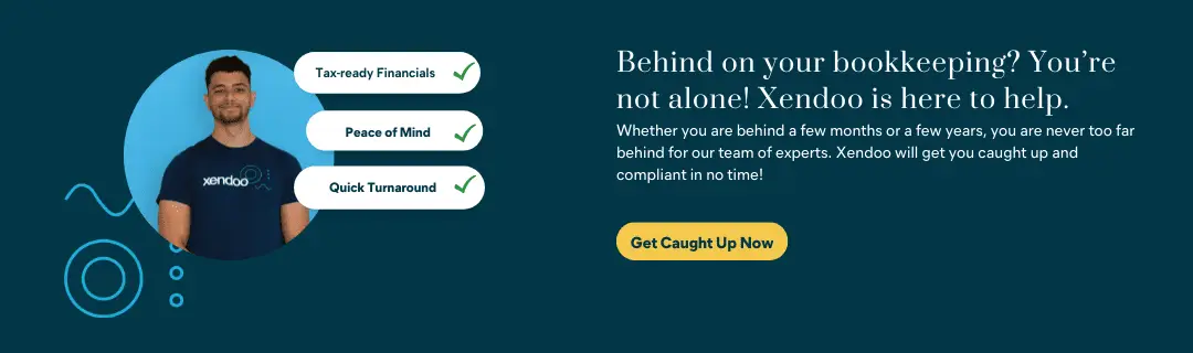 A banner advertising xendoo's catch up bookkeeping services. A young, male accountant smiles, with buttons for Tax-Ready Financials, Peace of Mind, and Quick Turnaround appearing next to him.