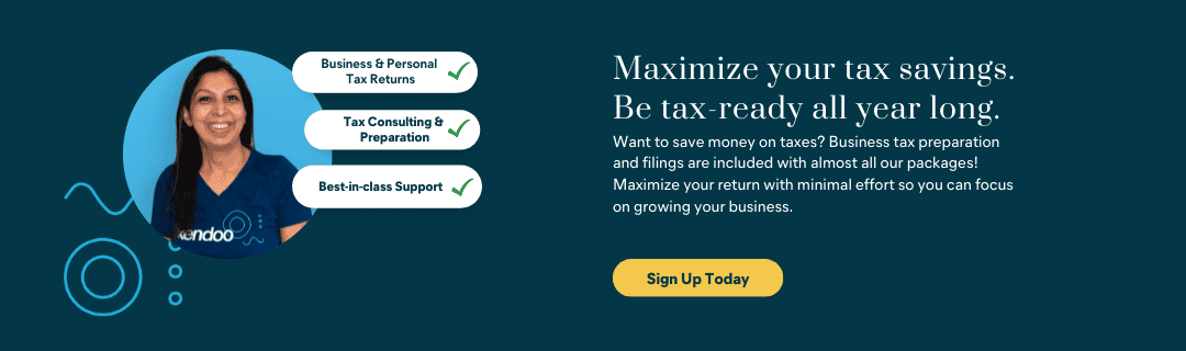 A banner advertising xendoo's small business tax services. A young accountant smiles, with buttons for business & personal tax returns, tax consultations and preparations, and best-in-class support appearing next to her.