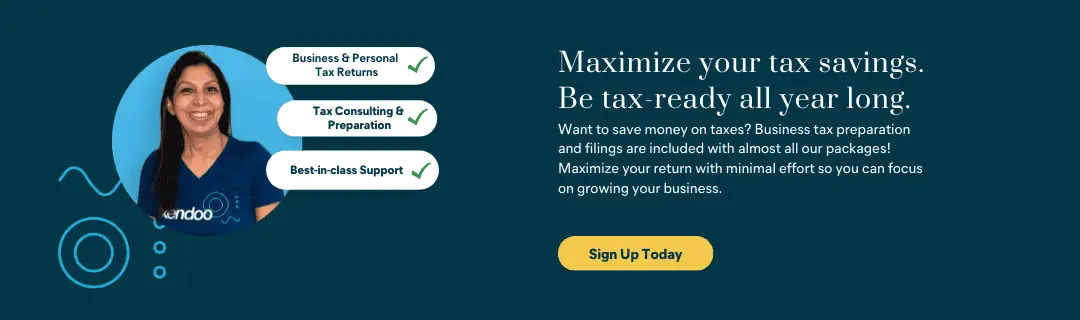 A banner advertising xendoo's small business tax services. A young accountant smiles, with buttons for business & personal tax returns, tax consultations and preparations, and best-in-class support appearing next to her.