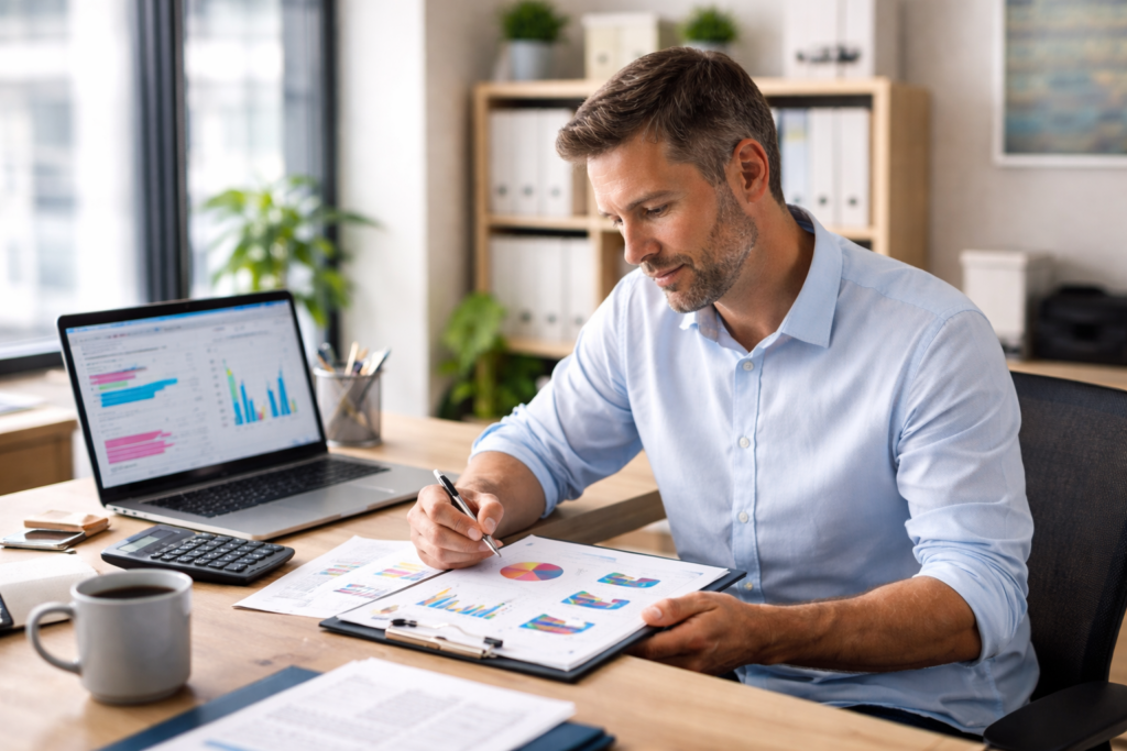 Business owner reviewing monthly reports